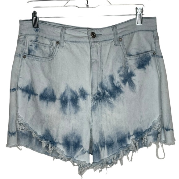 American Eagle Highest Waist Denim Mom Shorts Tie Dye Distressed Hem Size 10 - Picture 4 of 14